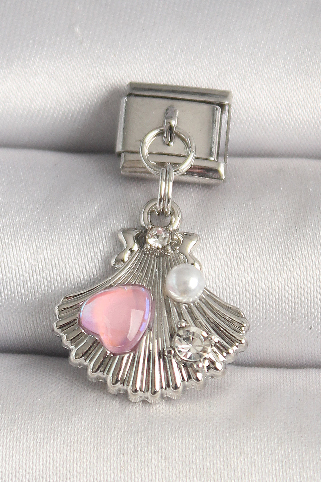 EBJ 316L Steel Silver Color Zircon Stone Pink Enamel Heart Detail Nomination Charm - Belluno