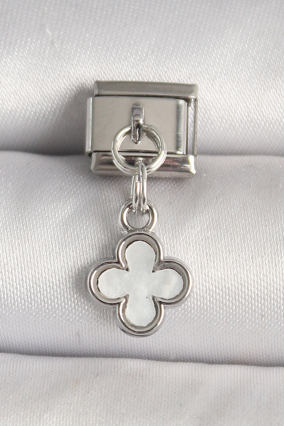 EBJ 316L Stainless Steel Silver Color White Enamel Clover Model Nomination Charm - White Plains