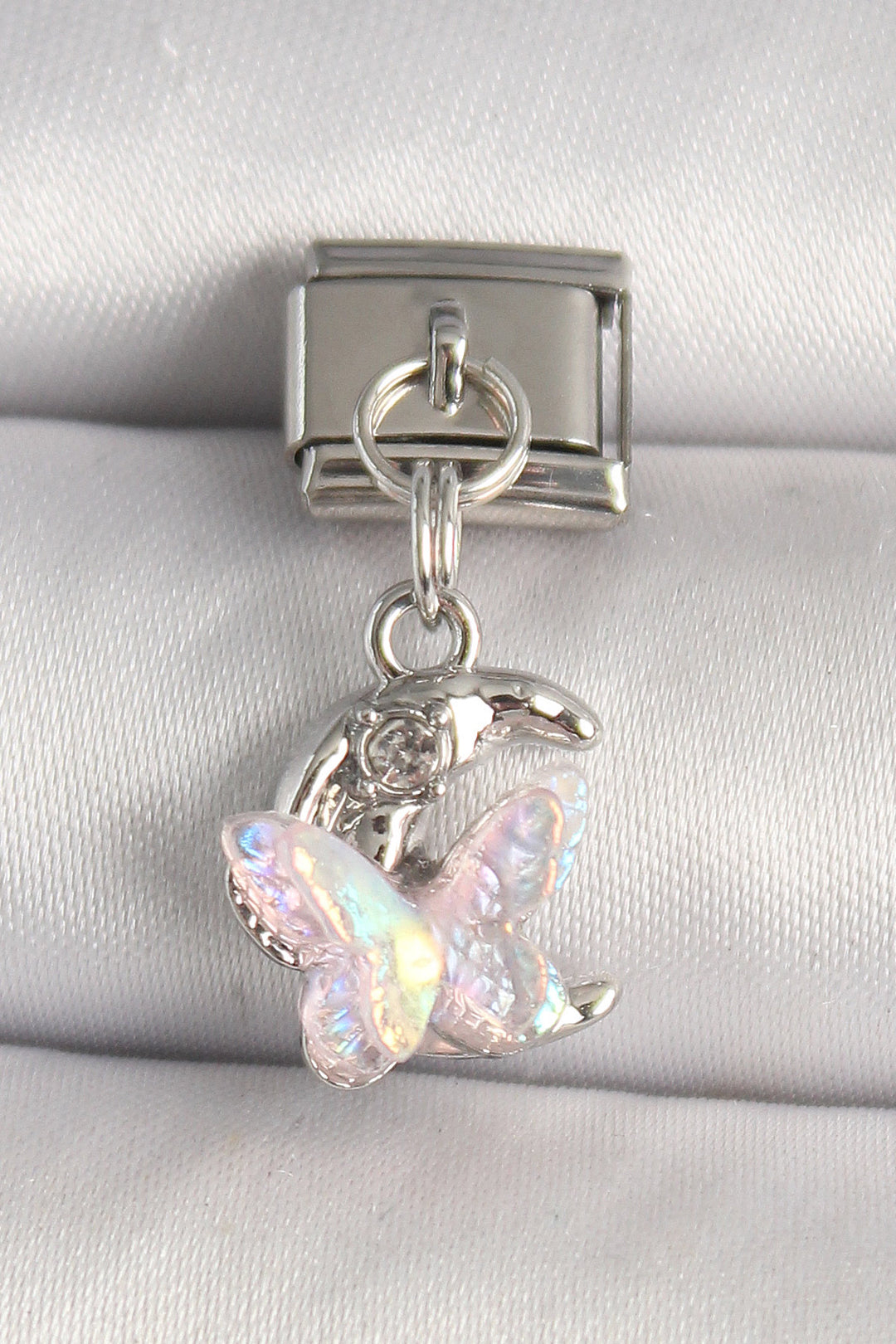 EBJ 316L Stainless Steel Silver Color Zircon Stone Crescent Pink Enamel Butterfly Model Nomination Charm - Delaware