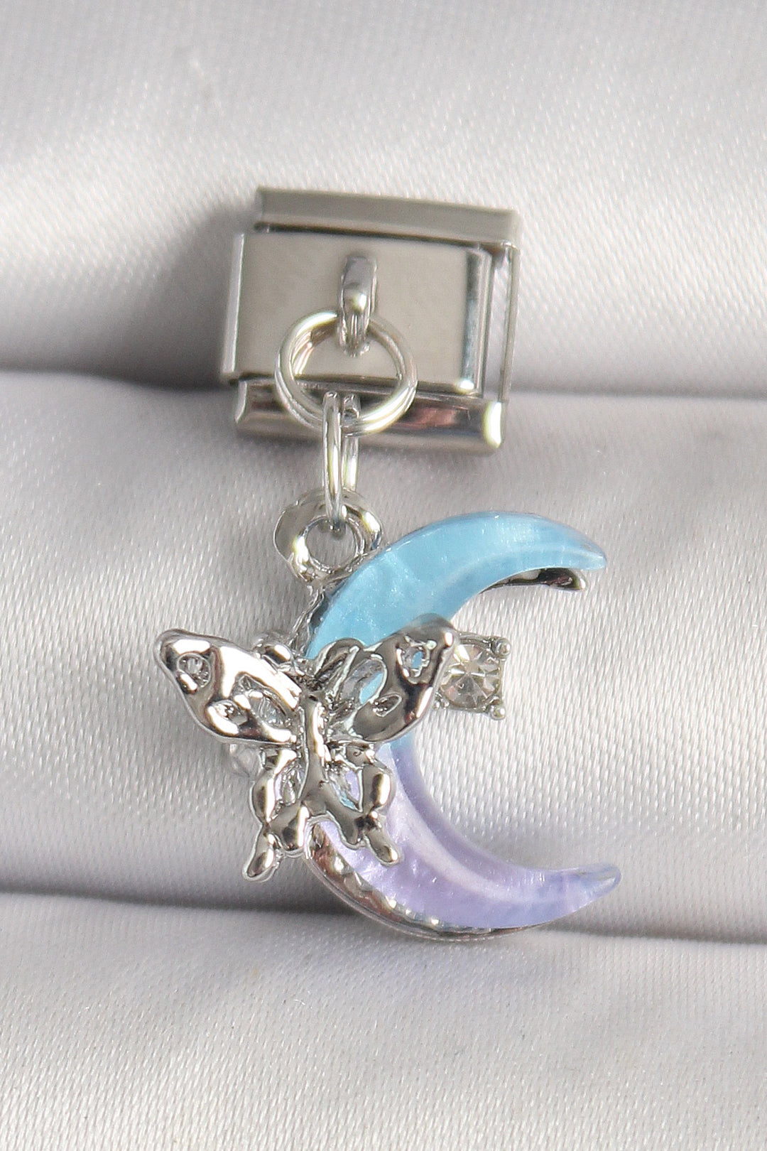 EBJ 316L Stainless Steel Silver Color Purple Blue Mix Enamel Crescent Butterfly Figure Zircon Stone Detailed Nomination Charm - Massy