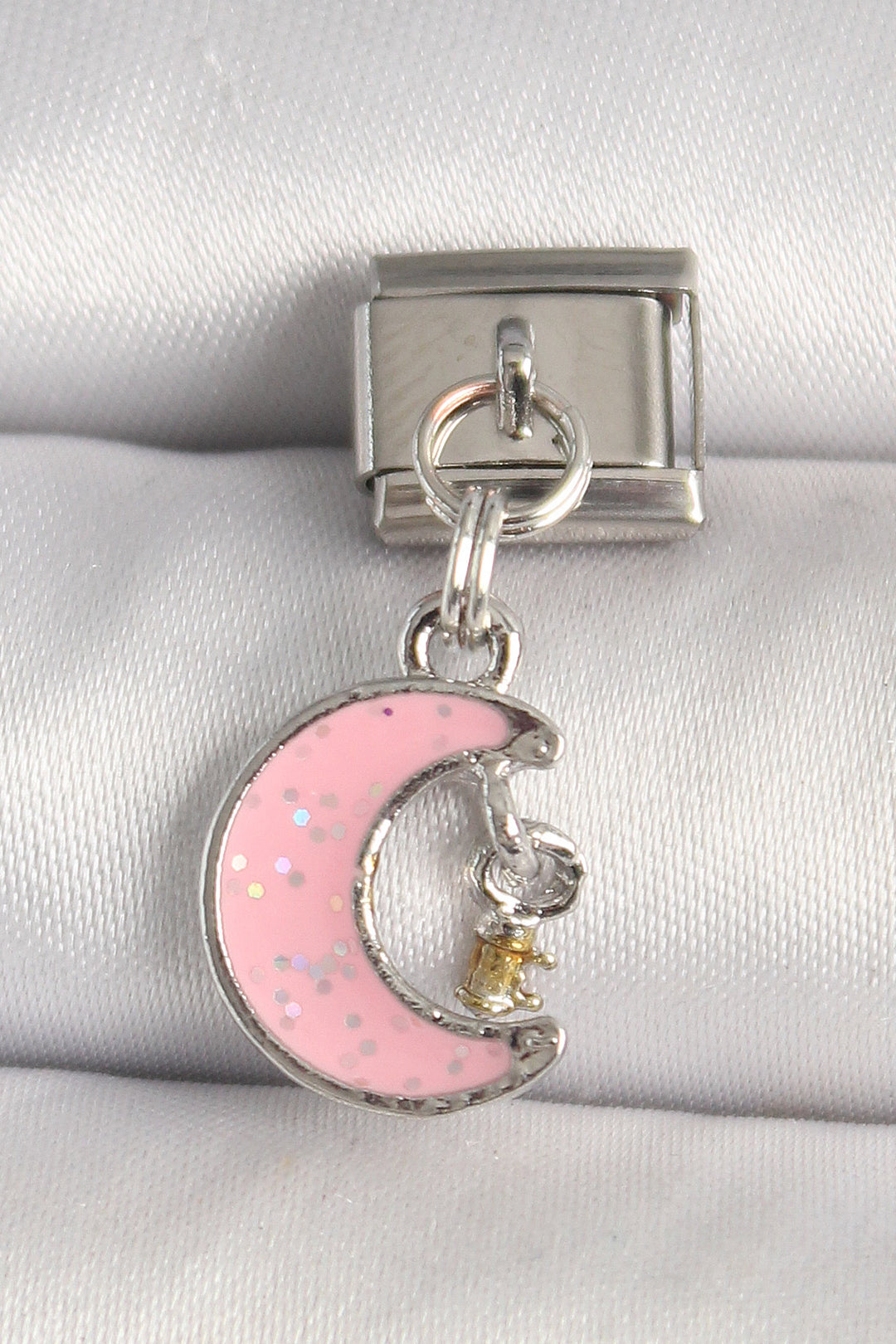 EBJ 316L Stainless Steel Silver Color Pink Glitter Crescent Moon Model Dangle Detail Nomination Charm - Azusa