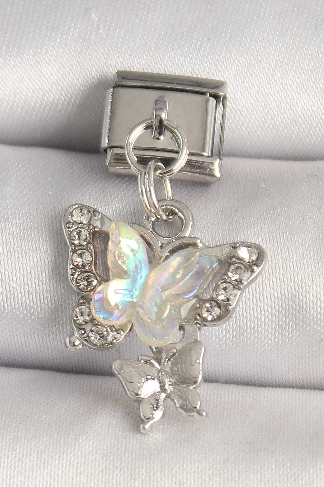 EBJ 316L Stainless Steel Silver Color White Butterfly Model Nomination Charm with Zircon Stone - Rancho Santa Margarita