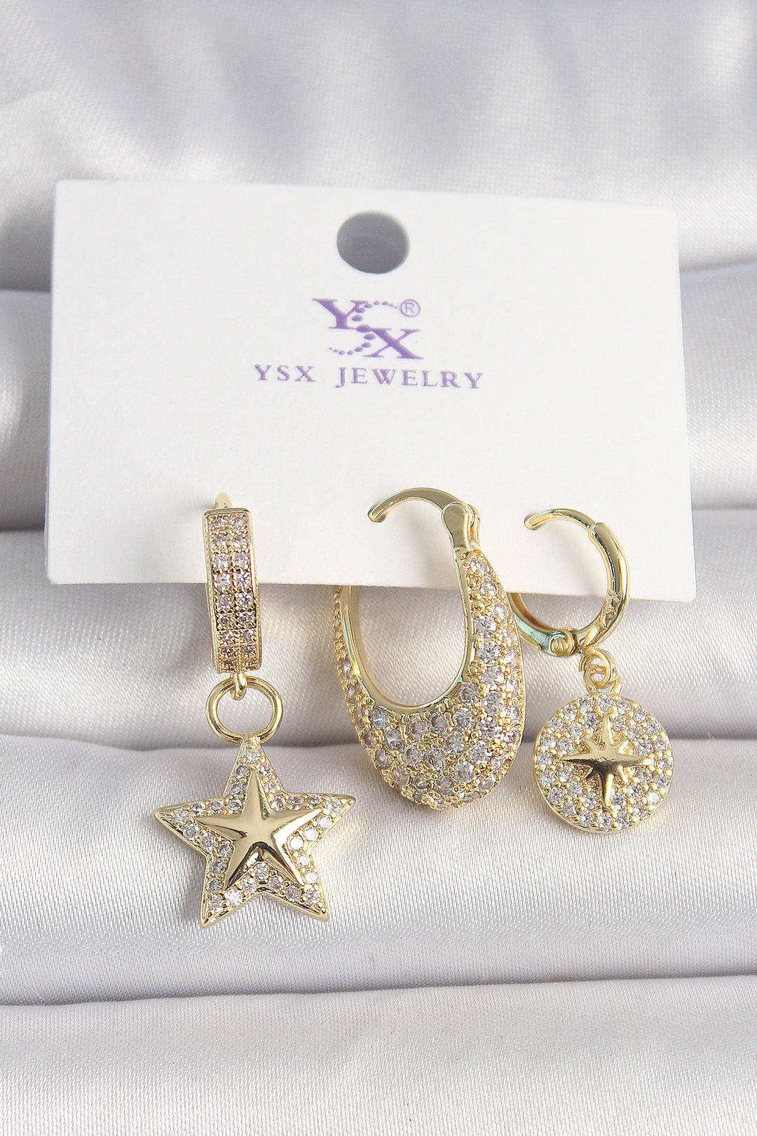 EBJ Rice Gold Color Zircon Stone Dangle Star Model Pole Star Processing Detail 3-Piece Women's Earring - Dortmund