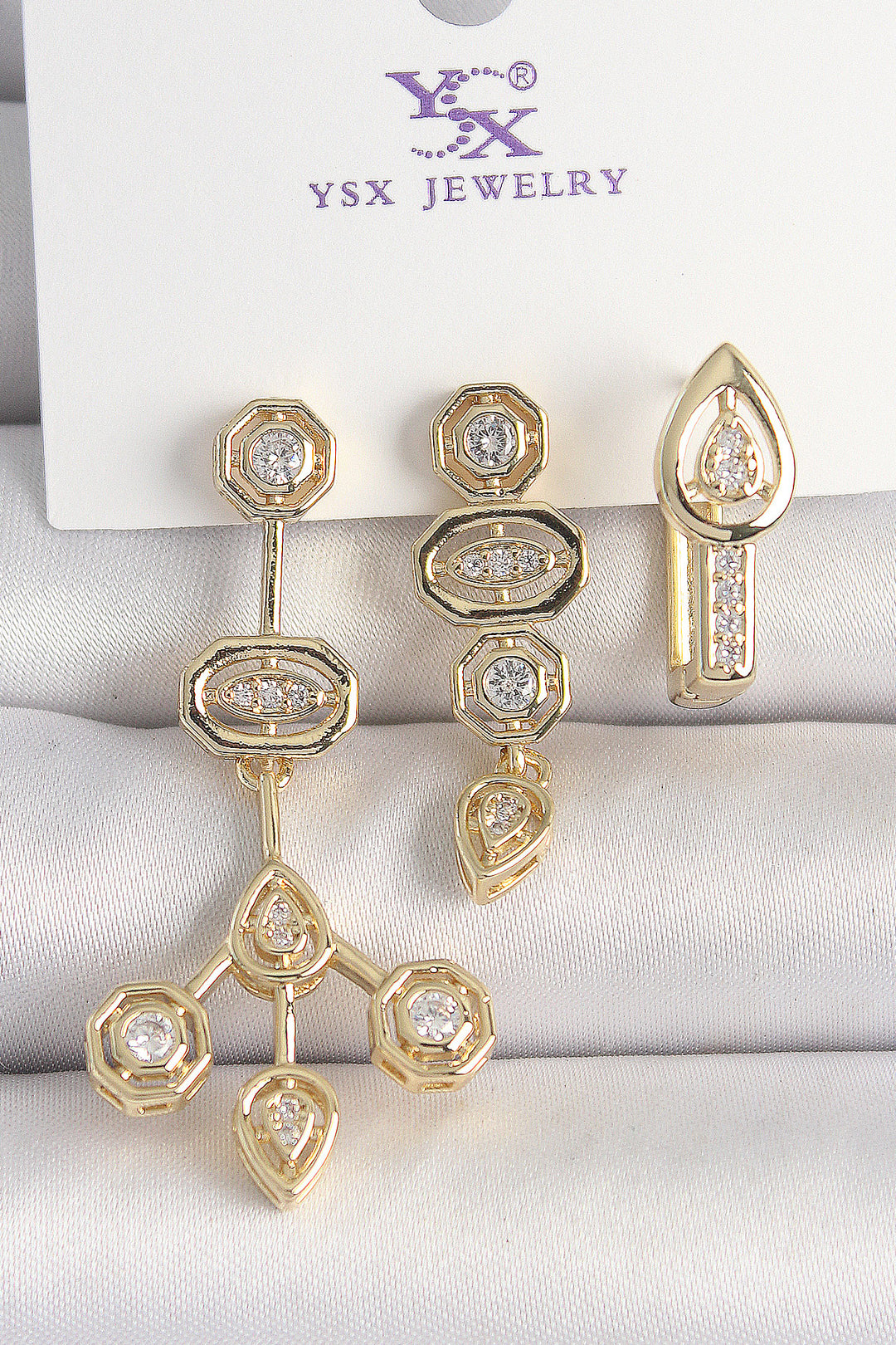 EBJ Rice Gold Color Zircon Stone Geometric Model 3-Piece Women's Earring Set - DeLand