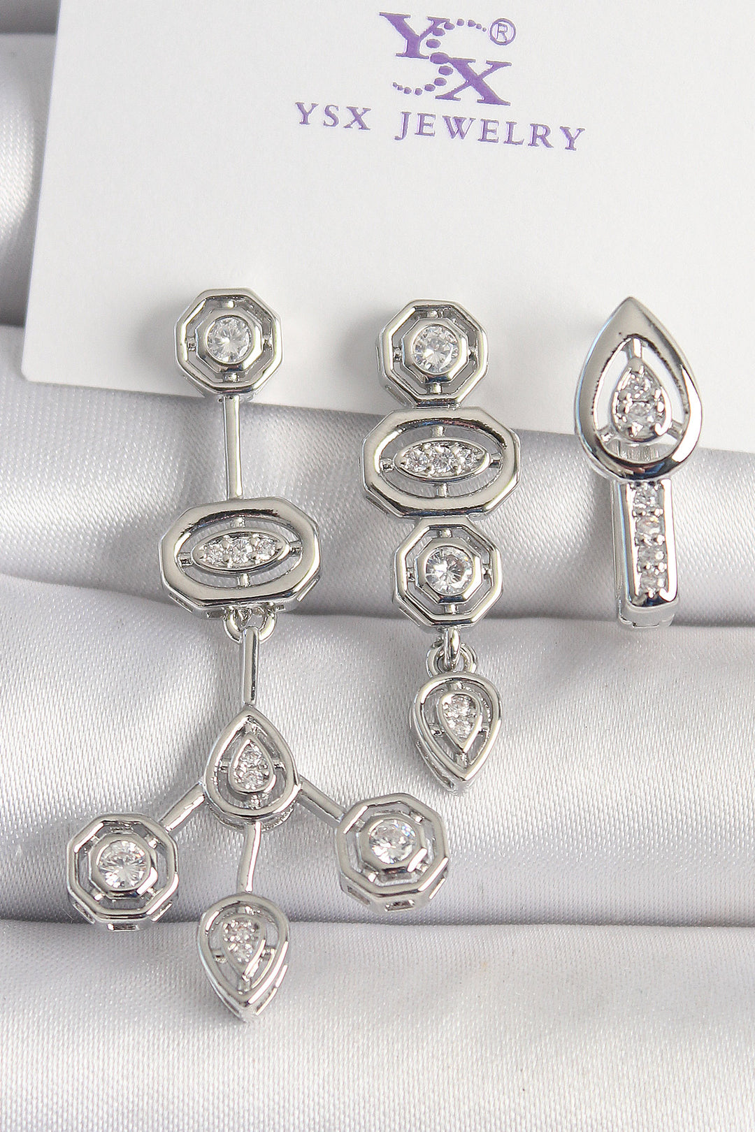 EBJ Rice Silver Color Zircon Stone Geometric Model 3-Piece Women's Earring Set - Floreşti