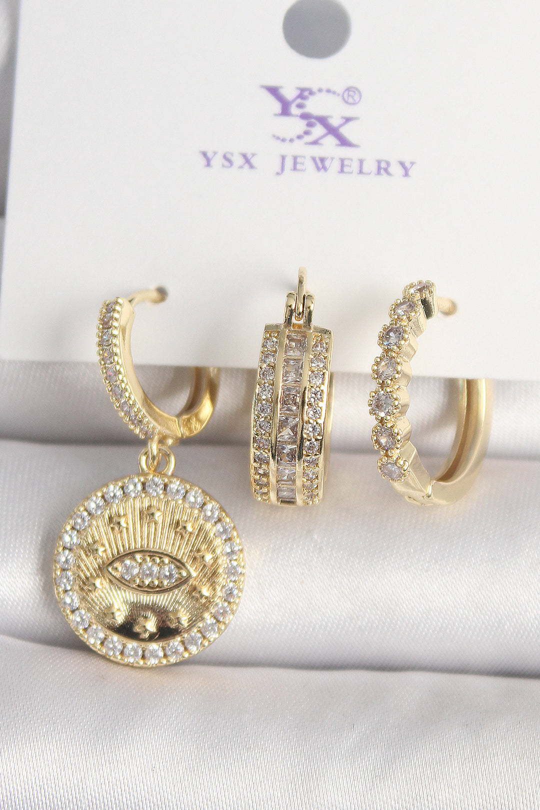 EBJ Rice Gold Color Zircon Stone Embroidered Eye Design 3-Piece Women's Earring Combination - Kaneohe