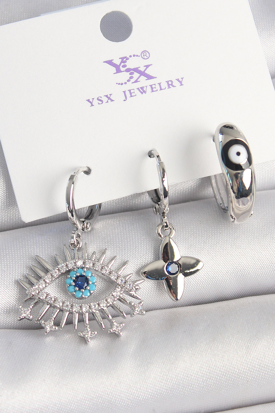 EBJ Rice Silver Color Zircon Stone Eye Model Evil Eye Bead Detail 3-Piece Women's Combination Earring - Alcalá de Guadaira