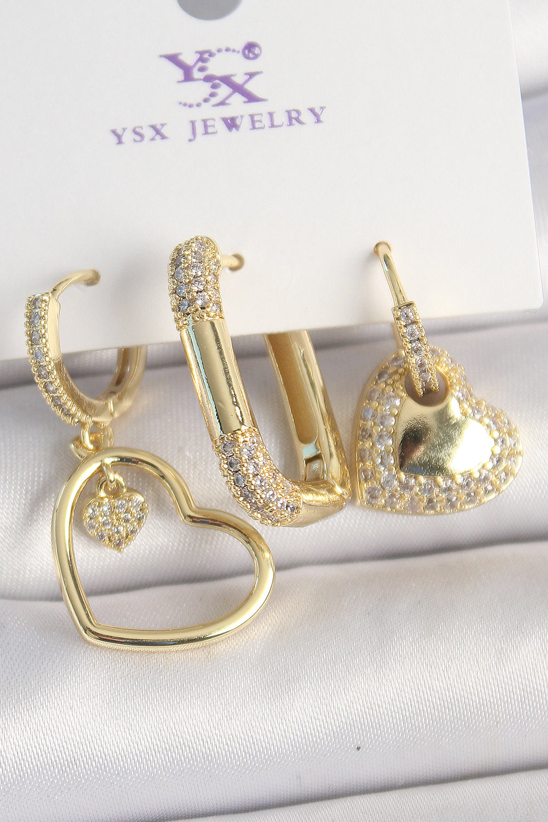 EBJ Rice Gold Color Zircon Stone Dangle Heart Model 3-Piece Women's Earring Combination - Edina