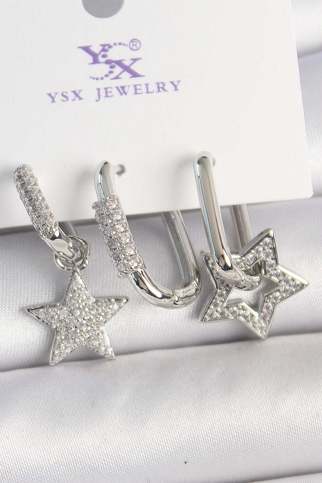 EBJ Rice Silver Color Dangle Earrings with Zircon Stone Star Model 3-Piece Women's Set - Tomelloso