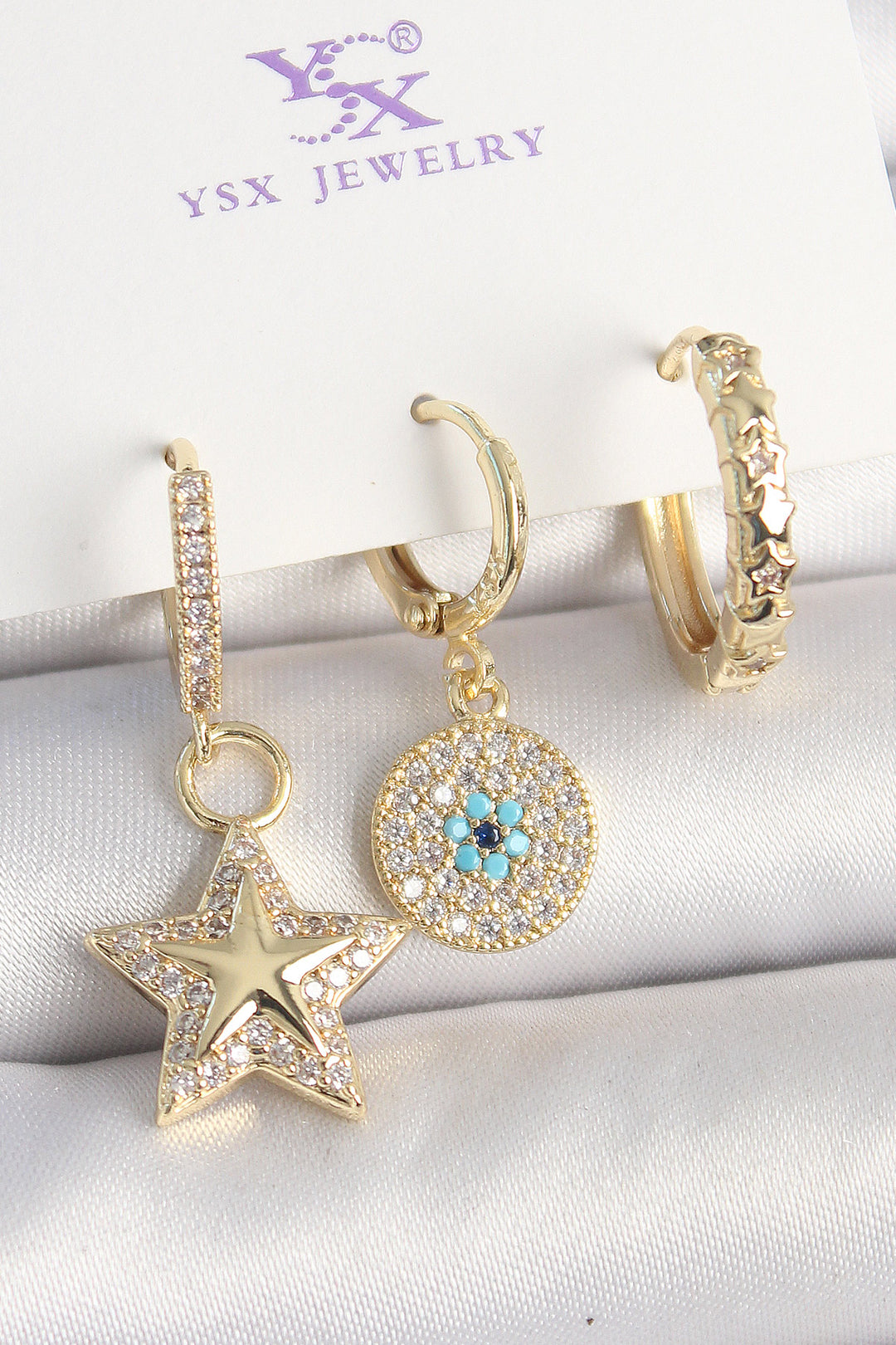 EBJ Rice Gold Color Zircon Stone Pendant Star Model Evil Eye Bead Detail 3-Piece Women's Combination Earring - Swords