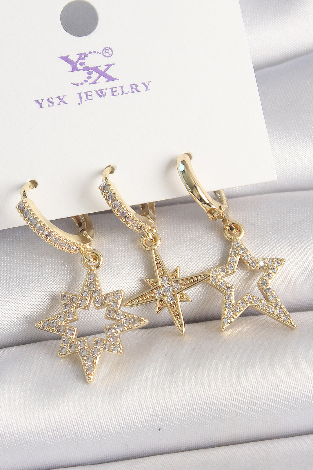 EBJ Rice Gold Color Star Model Earrings with Zircon Stone 3-Piece Women's Set - Neuss