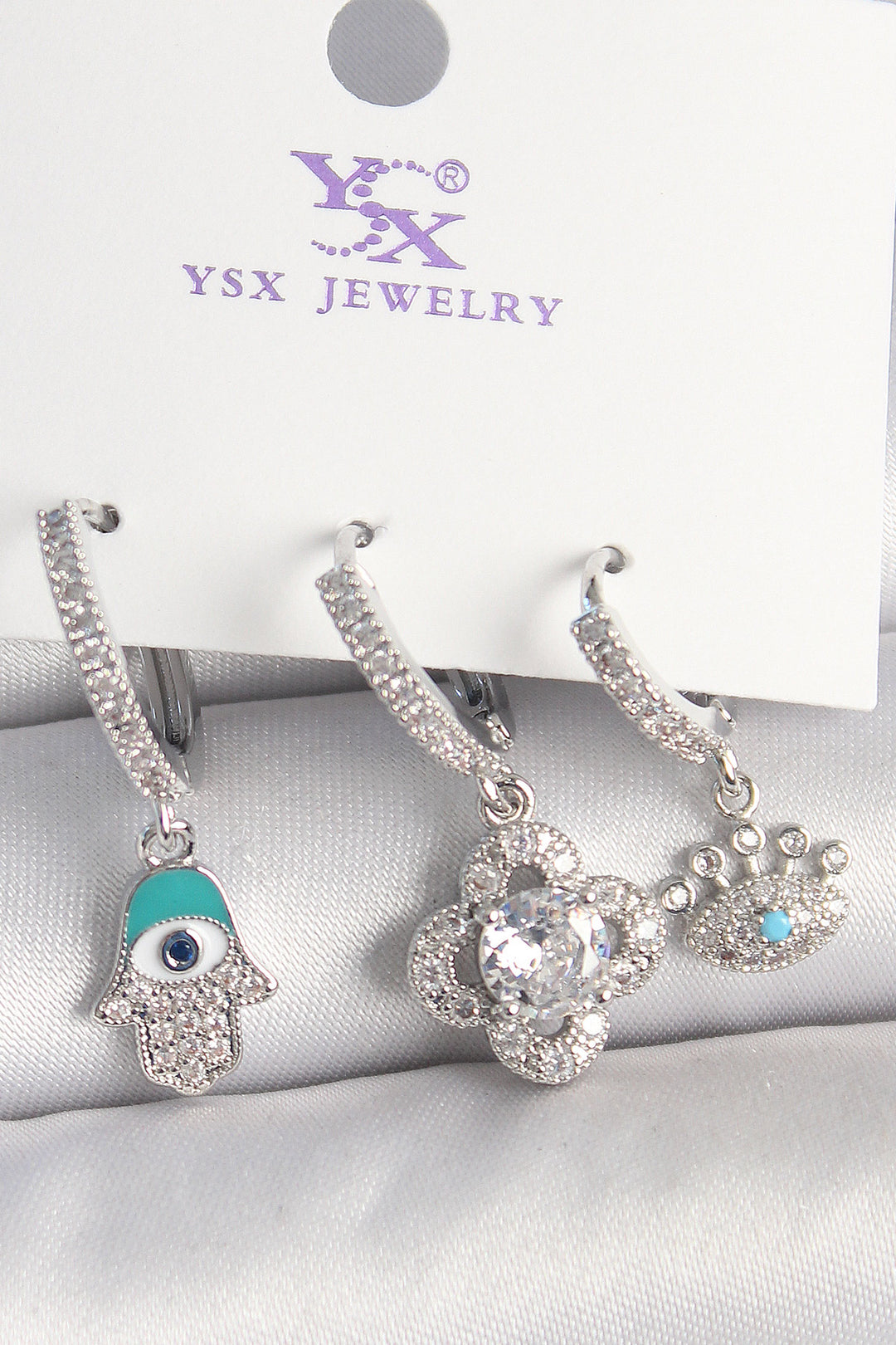 EBJ Rice Silver Color Zircon Stone Fatma Ana Clover Figure Eye Detail 3-Piece Women's Combination Earring - Hanford