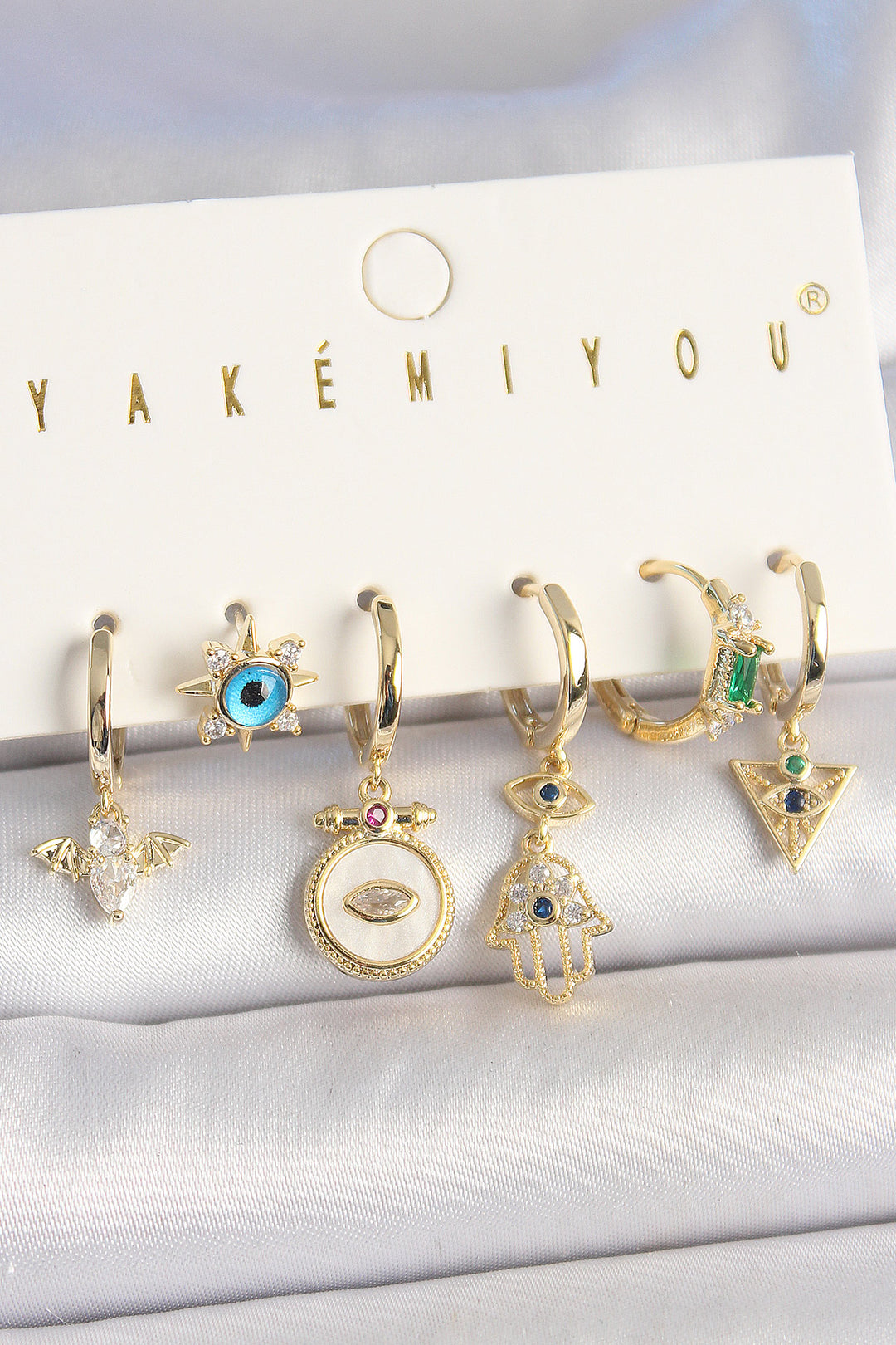 EBJ Rice Gold Color Zircon Stone Fatma Hand Figure Evil Eye Bead Detail 6-Piece Women's Combination Earring - Piraeus