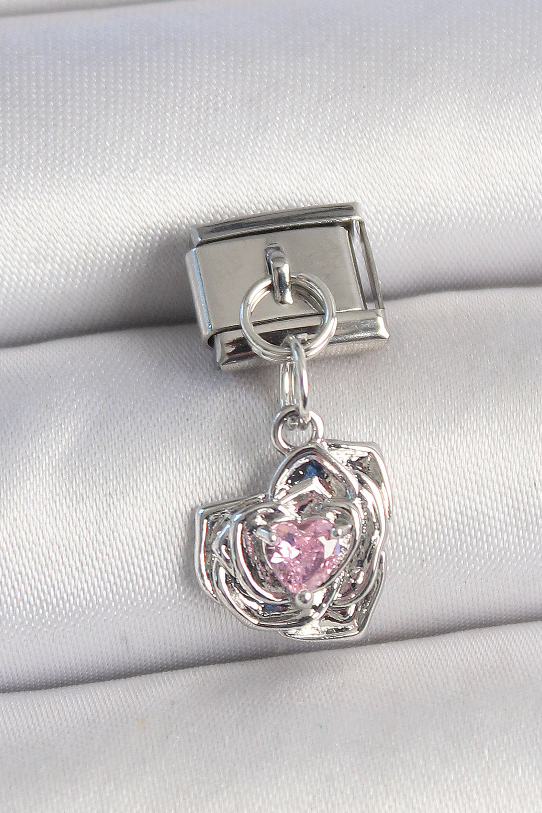 EBJ 316L Steel Silver Color Pink Zircon Stone Heart Shaped Rose Model Nomination Charm - Frechen