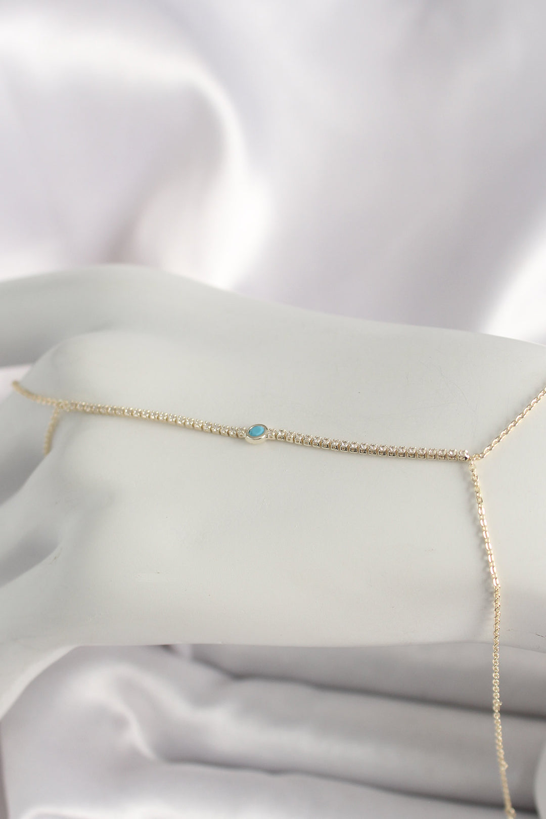 EBJ Rice Gold Color Waterway with Zircon Stone Blue Stone Detailed Women's Şahmeran - Romny