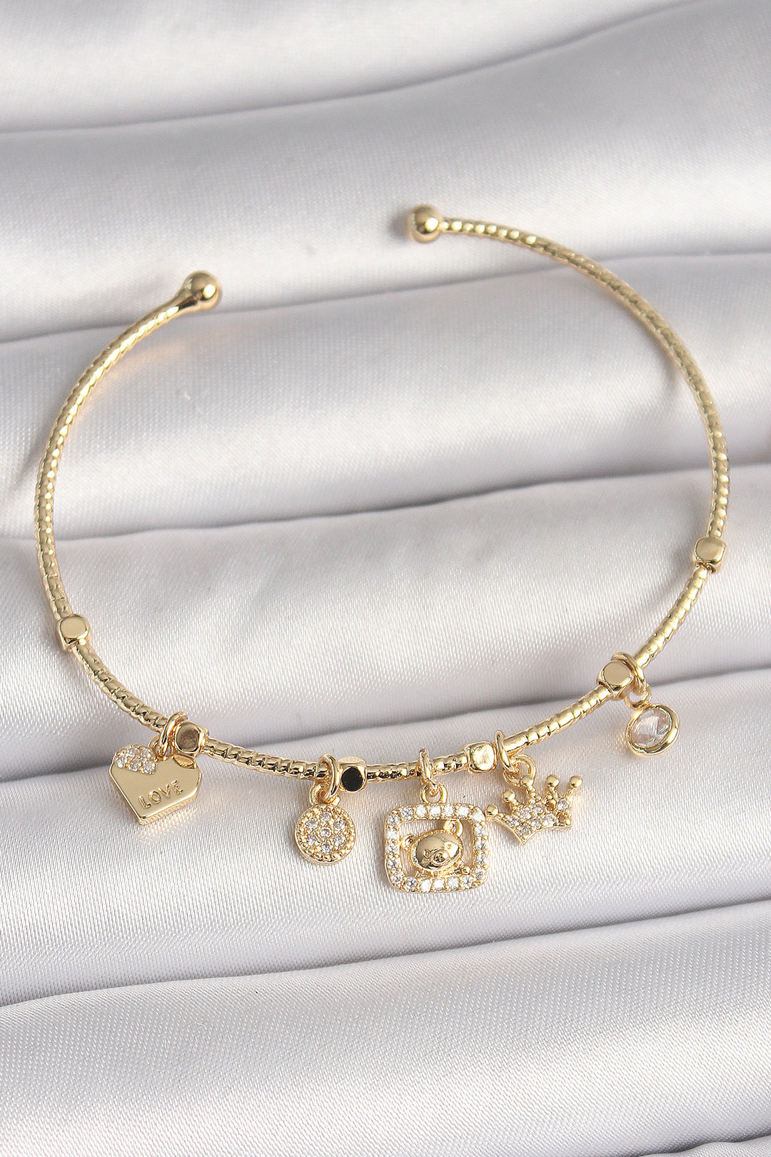 EBJ Rice Gold Color Swinging Bear Figure Crown Detail Charm Women's Bracelet with Zircon Stone - Peterborough
