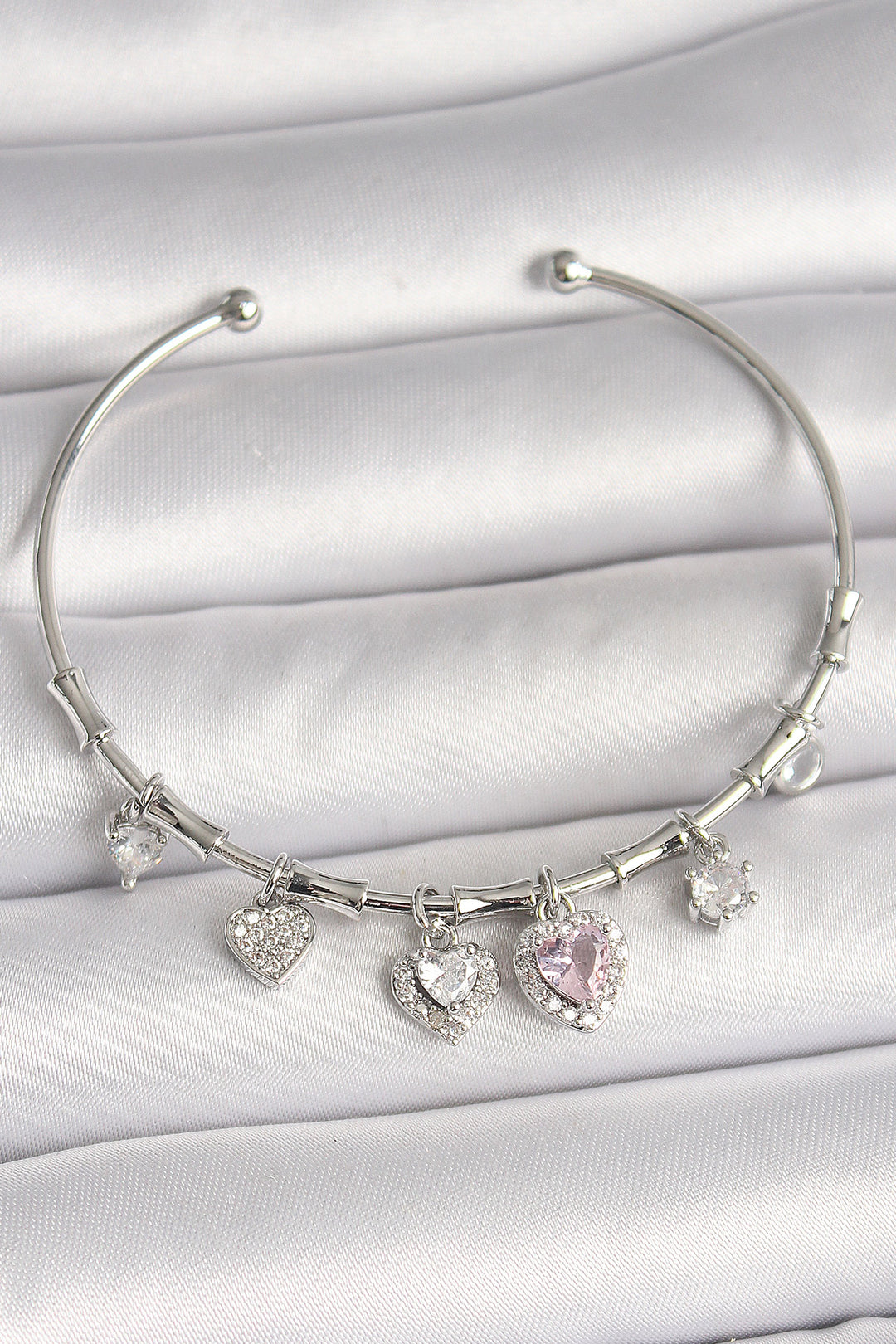 EBJ Rice Silver Color Dangle Pink Zircon Stone Heart Model Charm Women's Bracelet - Temoaya