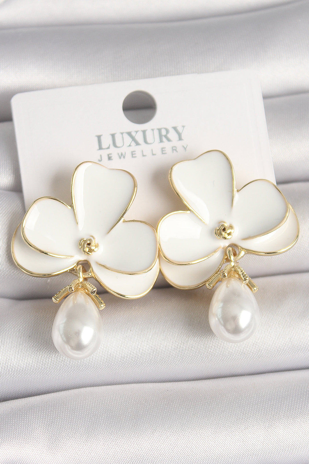 EBJ Rice Gold Color White Flower Pattern Drop Earrings with Pearl Detail for Women - Arecibo