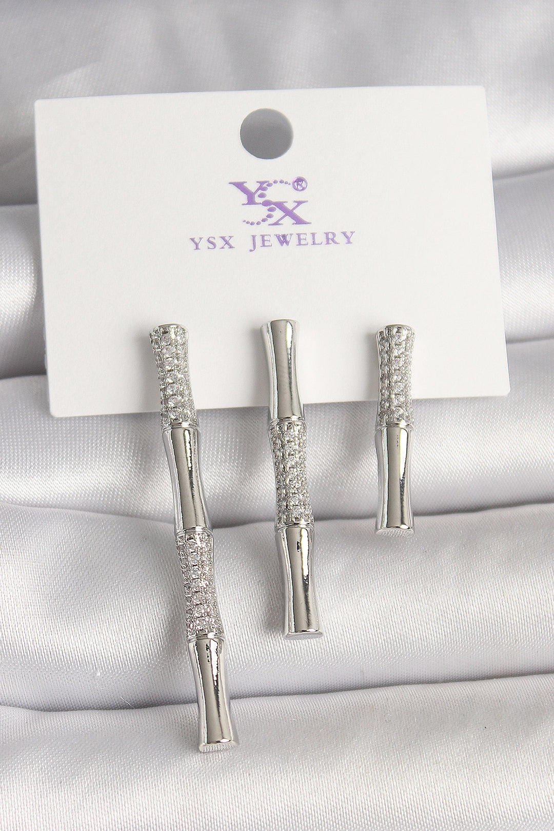 EBJ Rice Silver Color Zircon Stone Bamboo Model 3-Piece Women's Earring Combination - Franklin