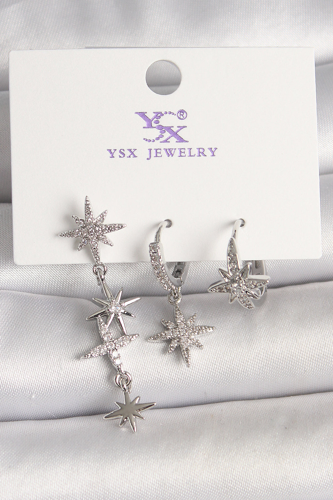 EBJ Rice Silver Color Swinging Zircon Stone Pole Star Model 3-Piece Women's Earring Combination - Almería