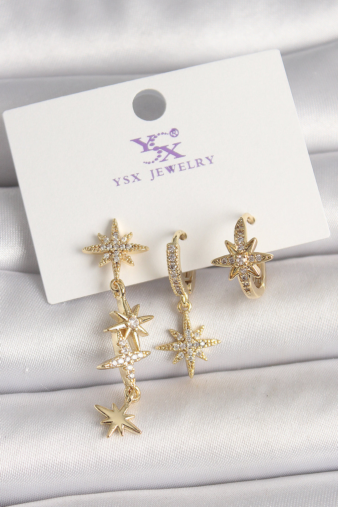EBJ Rice Gold Color Dangle Earrings with Zircon Stone and Pole Star Model 3-Piece Women's Set - Enterprise