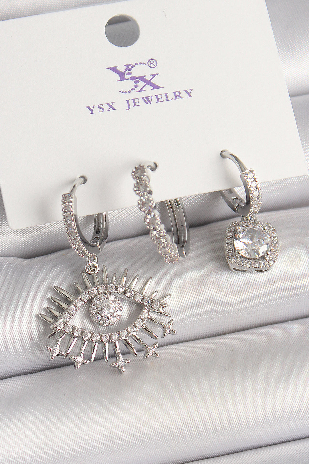 EBJ Rice Silver Color Dangle Earrings with Zircon Stone Eye Design 3-Piece Women's Set - Buzău