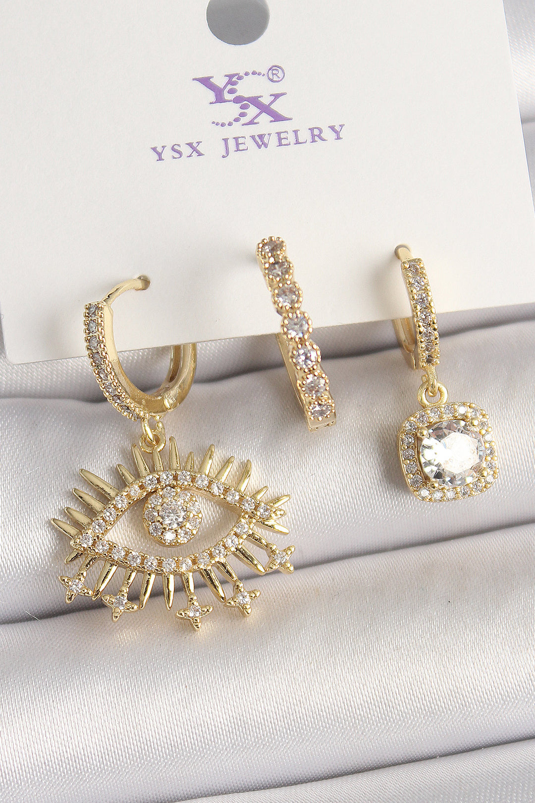 EBJ Rice Gold Color Dangle Earrings with Zircon Stone Eye Design 3-Piece Women's Set - Ciudad del Carmen