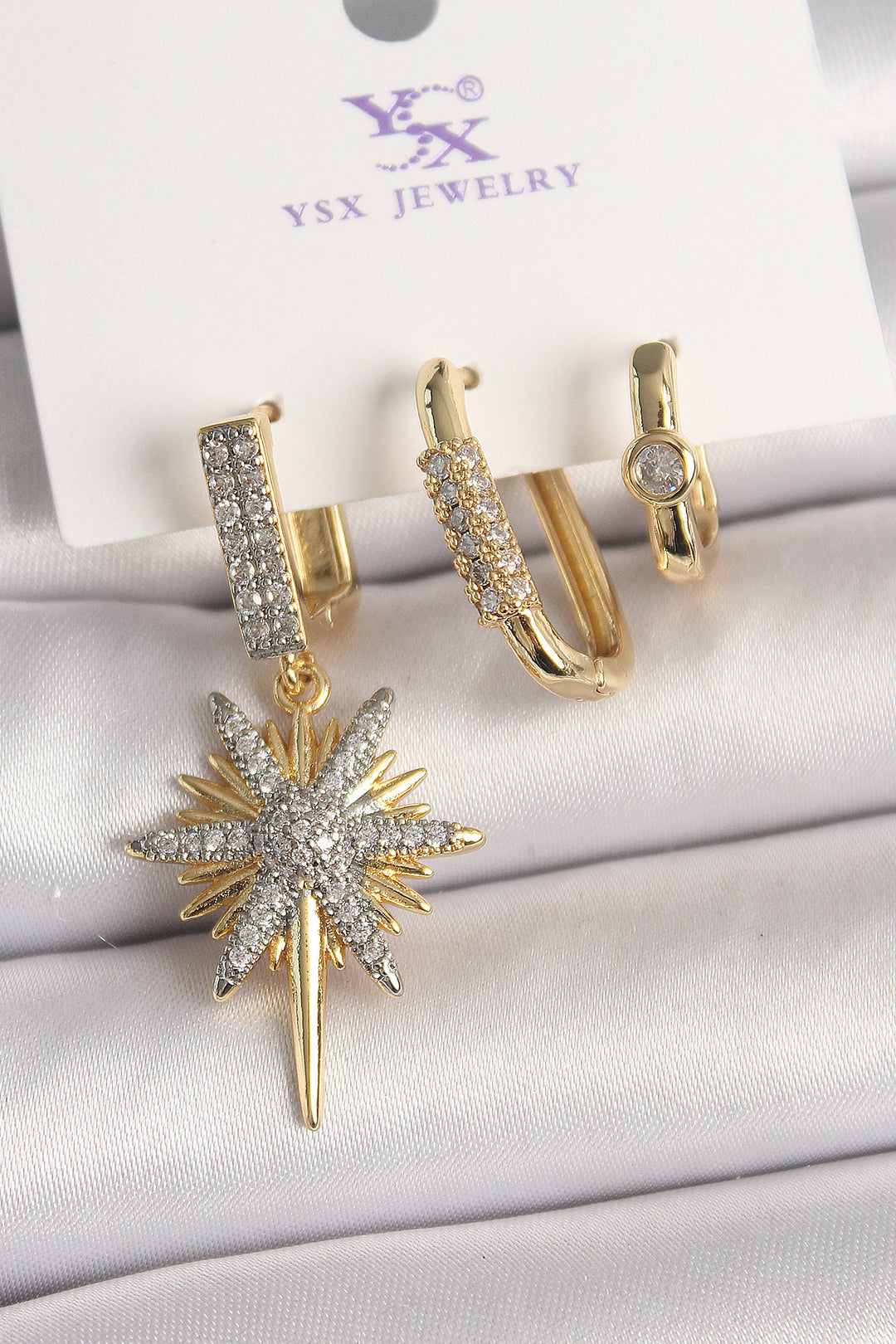EBJ Rice Gold Color Dangle Earrings with Zircon Stone Pole Star Model 3-Piece Women's Outfit - Ellicott City