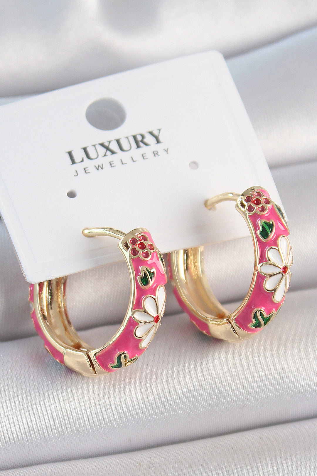 EBJ Gold Color Rice Ring Model Pink Flower Embroidered Women's Earring - Santa María Huatulco