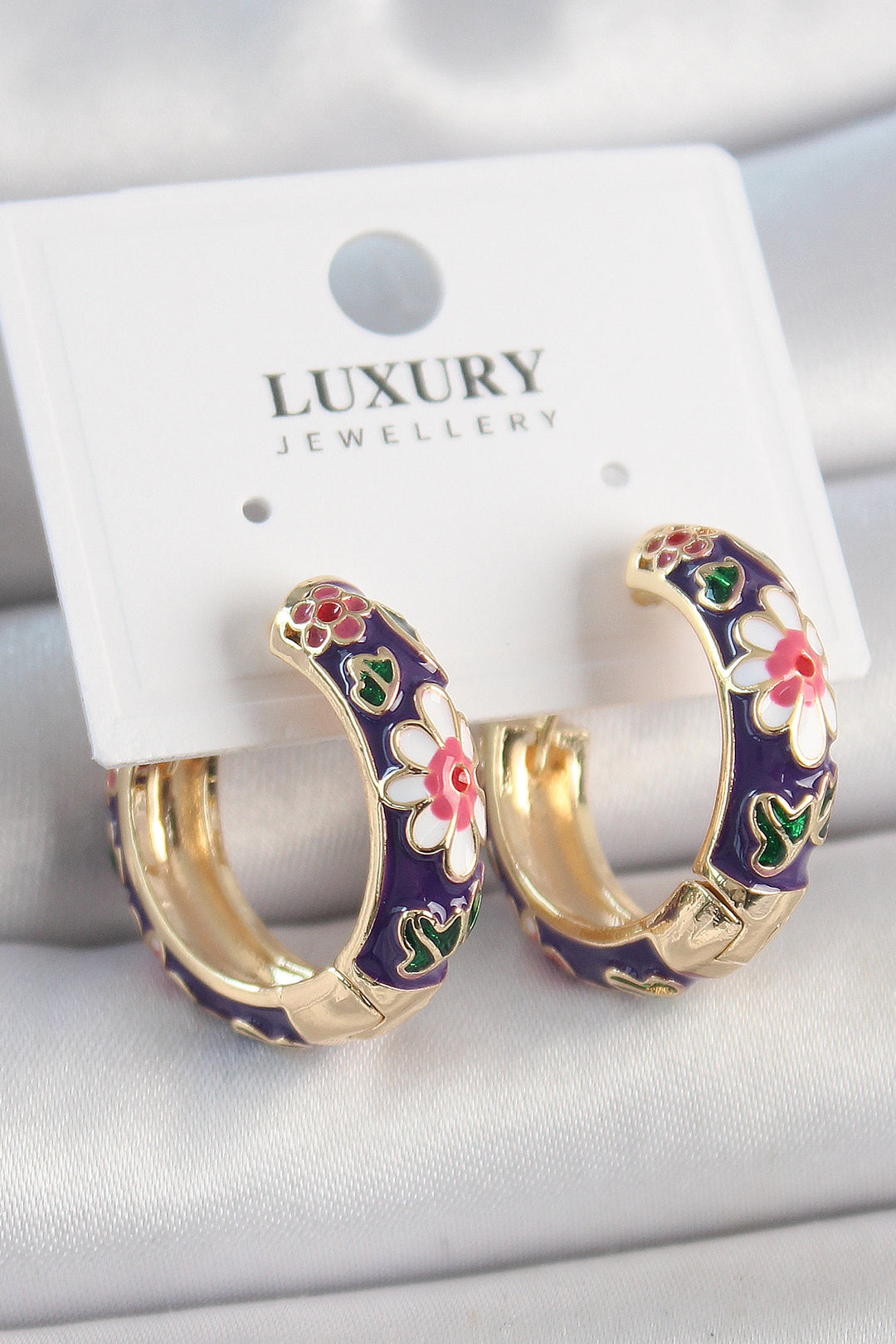 EBJ Gold Color Ring Model Purple Flower Enamel Women's Earrings - Düren
