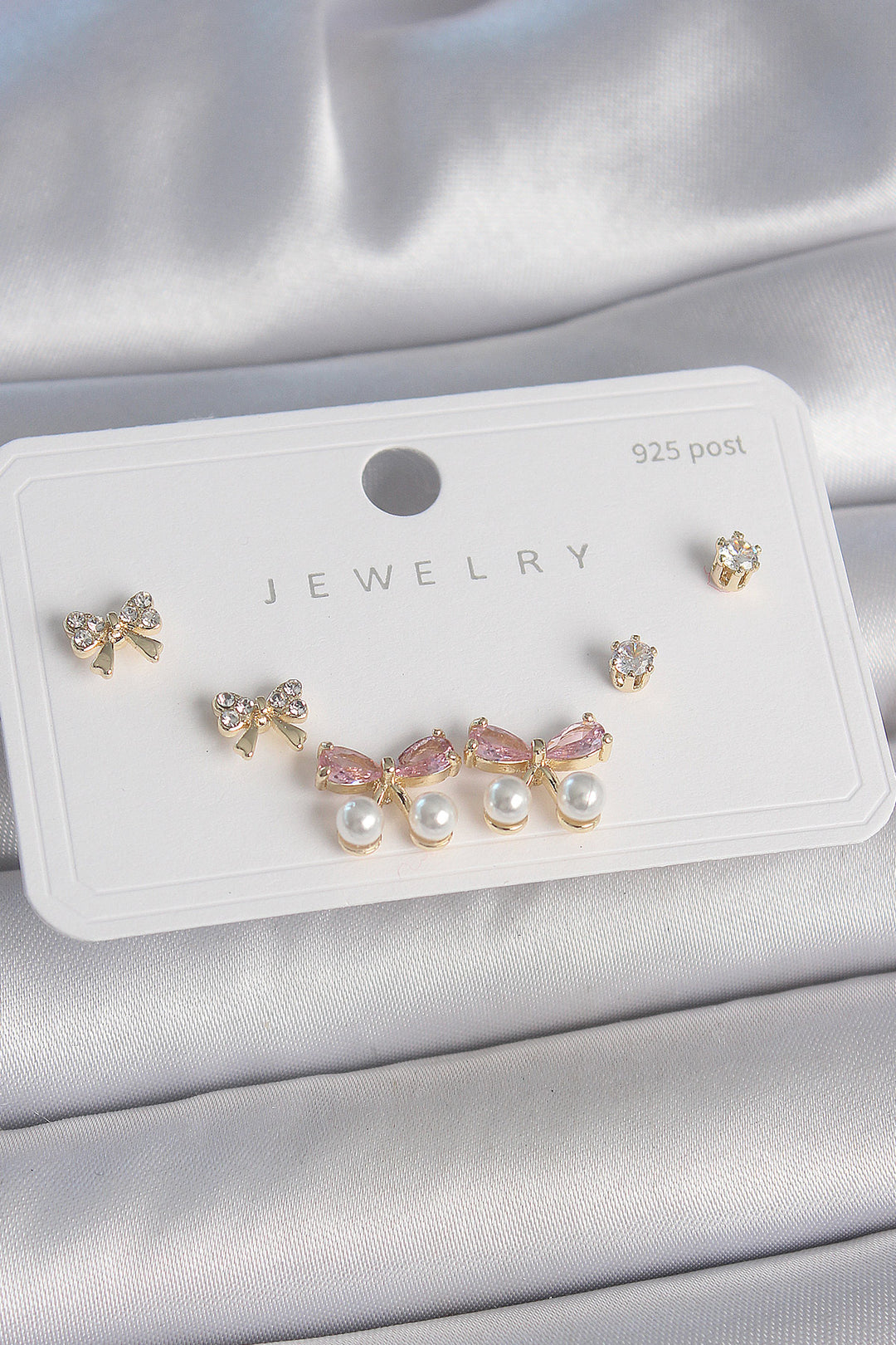 EBJ Rice Gold Color Pink Zircon Stone Bow Model Pearl Detail 925 Sterling Silver Stud Women Earring Set - Argyroúpoli