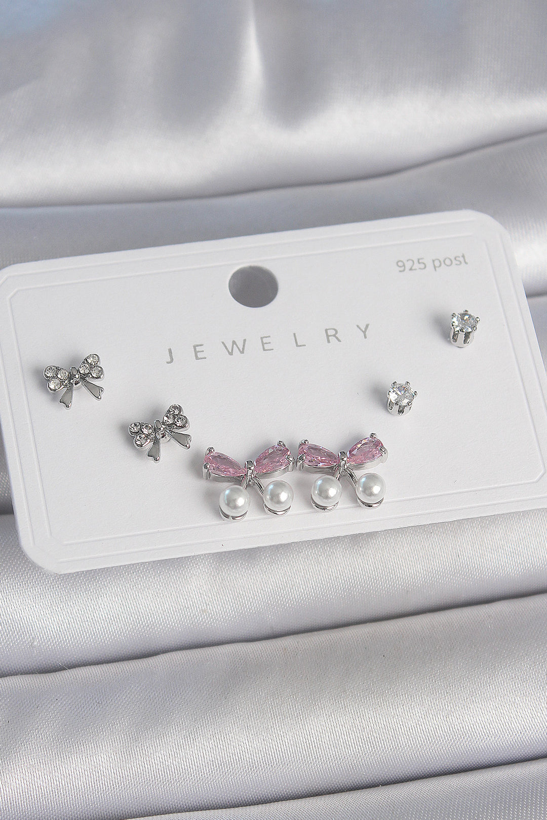 EBJ Rice Silver Color Pink Zircon Stone Ribbon Model Pearl Detail 925 Sterling Silver Stud Women's Earring Set - Kardítsa