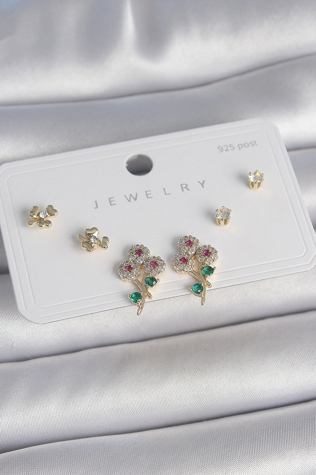 EBJ Rice Gold Colorful Zircon Stone Flower Model Leaf Detail 925 Sterling Silver Stud Women Earring Set - Whitley Bay