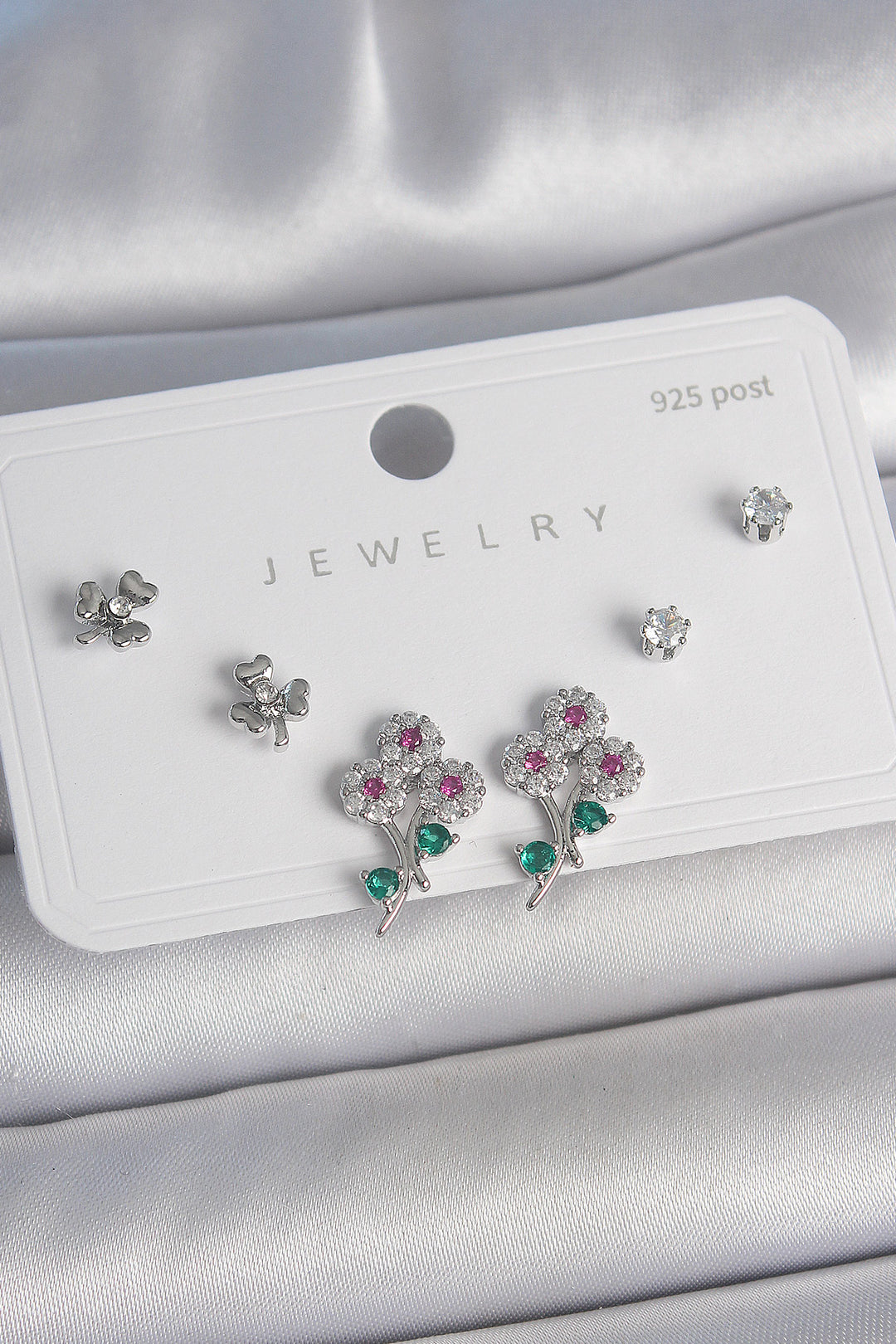EBJ Rice Silver Color Multi-Colored Zircon Stone Flower Model Leaf Detail 925 Sterling Silver Stud Women's Earring Set - Hamilton