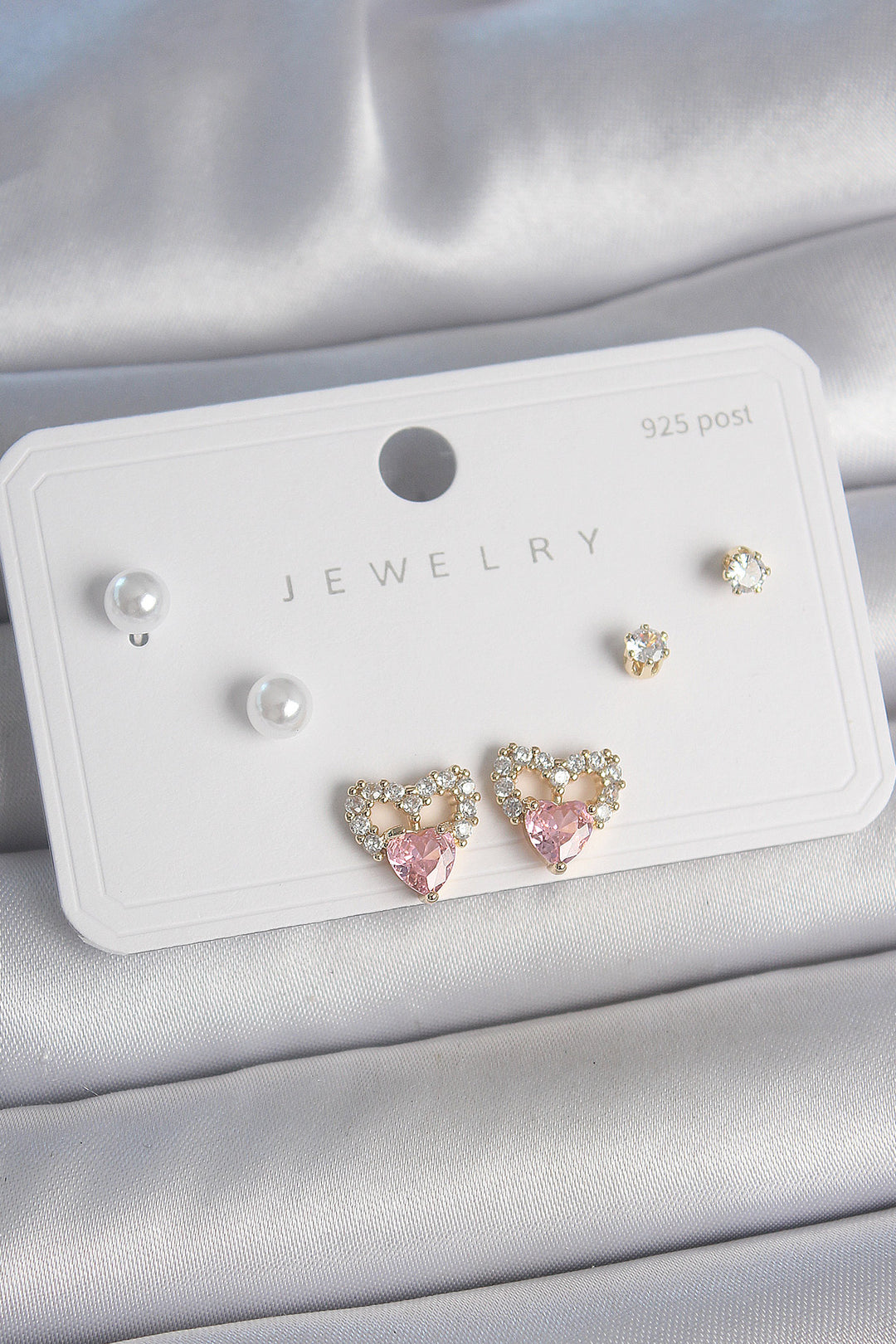EBJ Rice Gold Color Pink Zircon Stone Heart Model Pearl Detail 925 Silver Women's Earring Set - Woodlawn