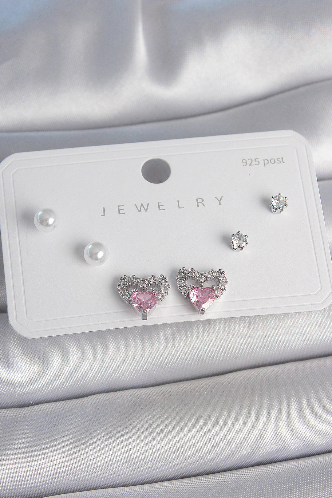 EBJ Rice Silver Color Pink Zircon Stone Heart Model Pearl Detail 925 Sterling Silver Stud Women Earring Set - Wilrijk