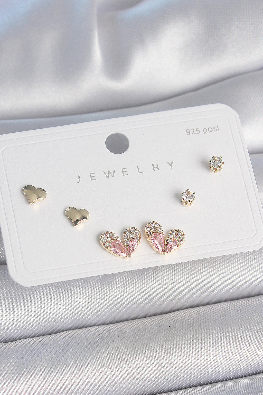 EBJ Rice Gold Color Pink Zircon Stone Heart Model 925 Sterling Silver Stud Women Earring Set - Ocuilan de Arteaga