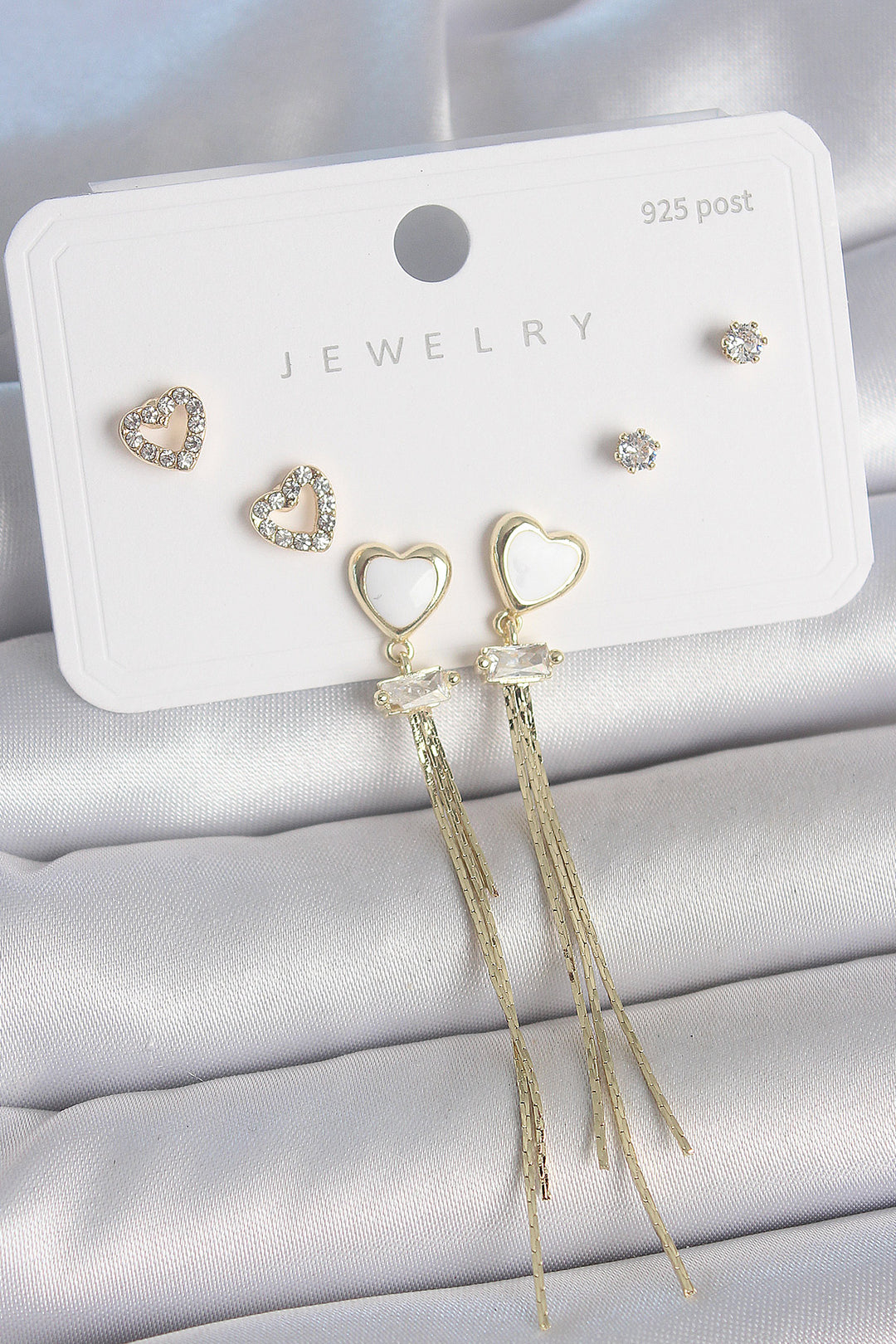 EBJ Rice Gold Color White Enamel Dangle Enamel Heart Model Zircon Stone Detailed 925 Sterling Silver Stud Earring Set for Women - Santiago Juxtlahuaca