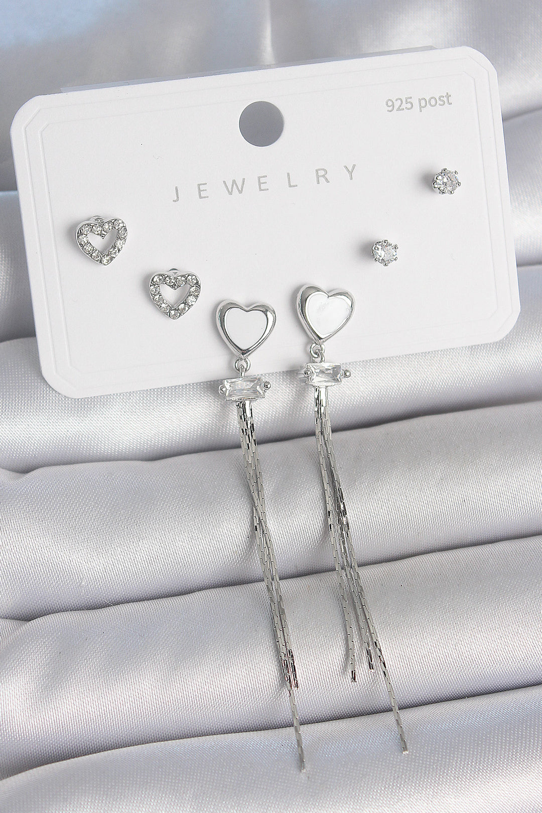 EBJ Rice Silver Dangle White Enamel Heart Model Zircon Stone Heart Detail 925 Sterling Silver Stud Women's Earring Set - La Mirada