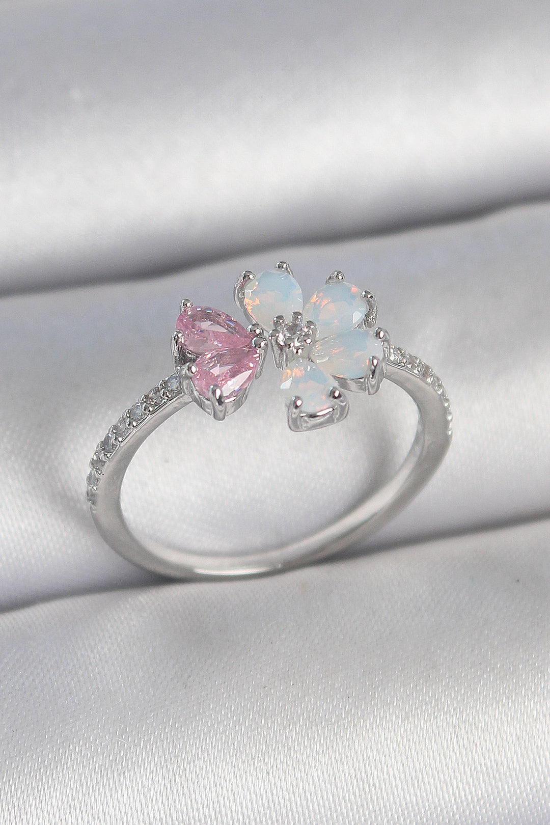 EBJ Rice Silver Color White Enamel Pink Zircon Stone Flower Model Women's Ring - Placentia