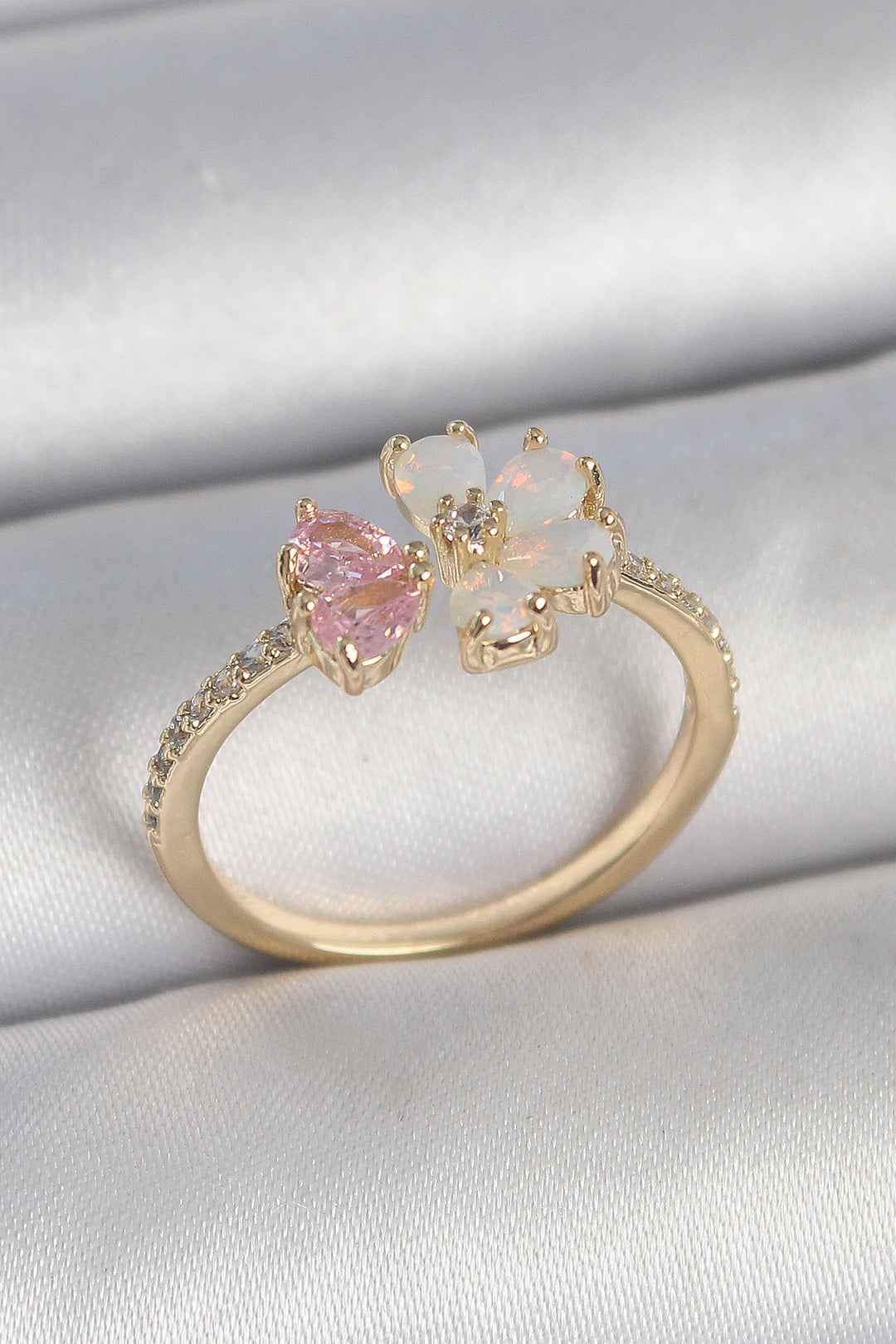 EBJ Gold Color White Enamel Pink Zircon Stone Flower Model Women's Ring - Alcamo