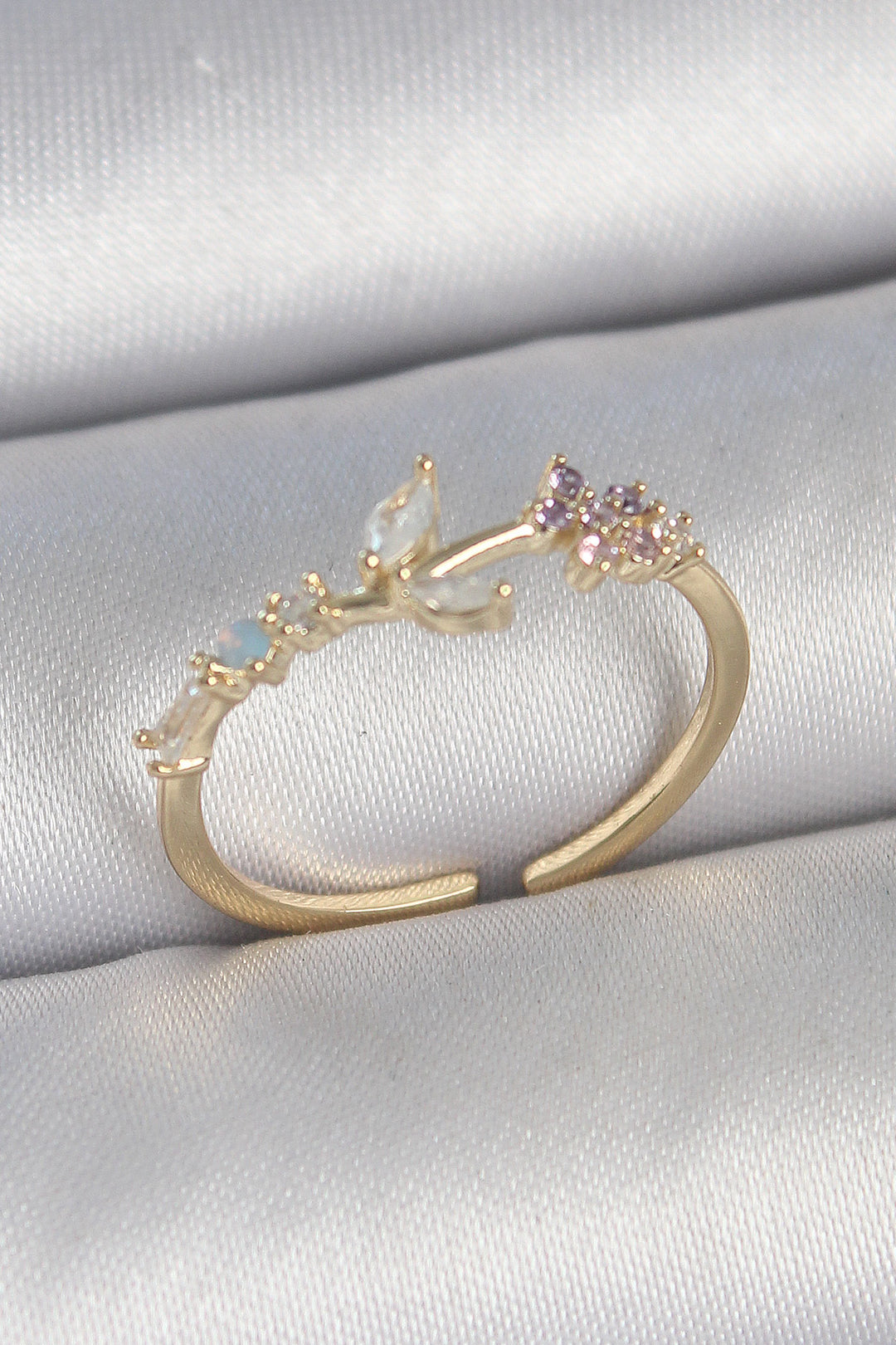 EBJ Adjustable Women's Ring with Rice Gold Color Zircon Stone Flower Design - Lawton