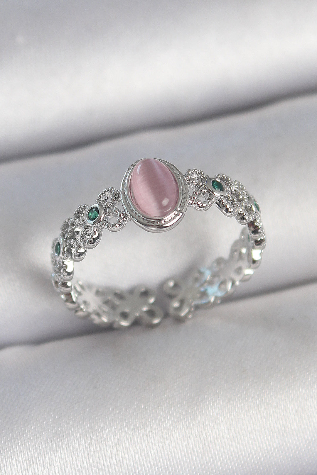 EBJ Rice Silver Color Zircon Stone Detailed Pink Enamel Drop Model Adjustable Women's Ring - Clay