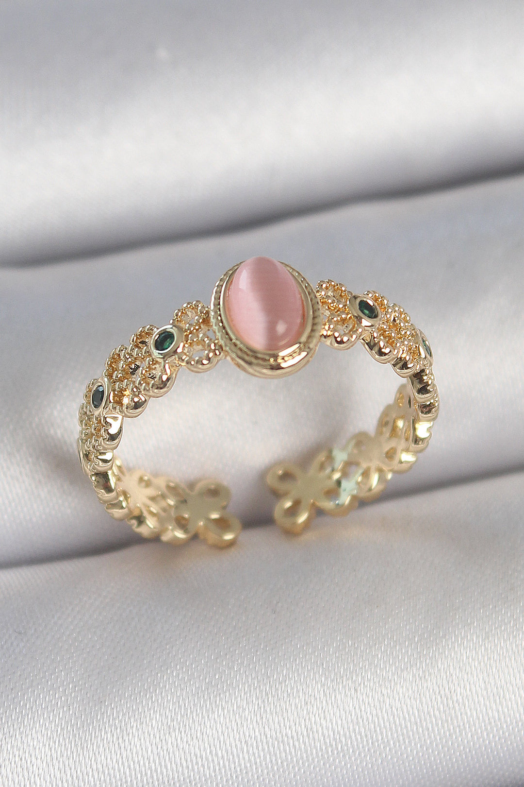 EBJ Rice Gold Color Zircon Stone Detailed Pink Enamel Drop Model Adjustable Women's Ring - Brussels