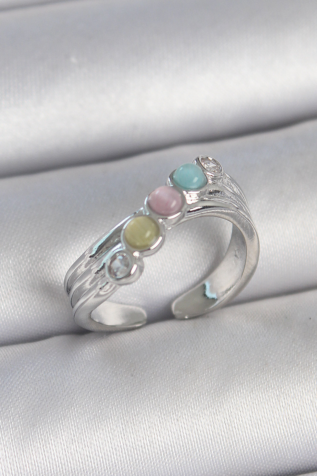 EBJ Rice Silver Color Zircon Stone Detailed Colorful Enamel Adjustable Women's Ring - Nelson