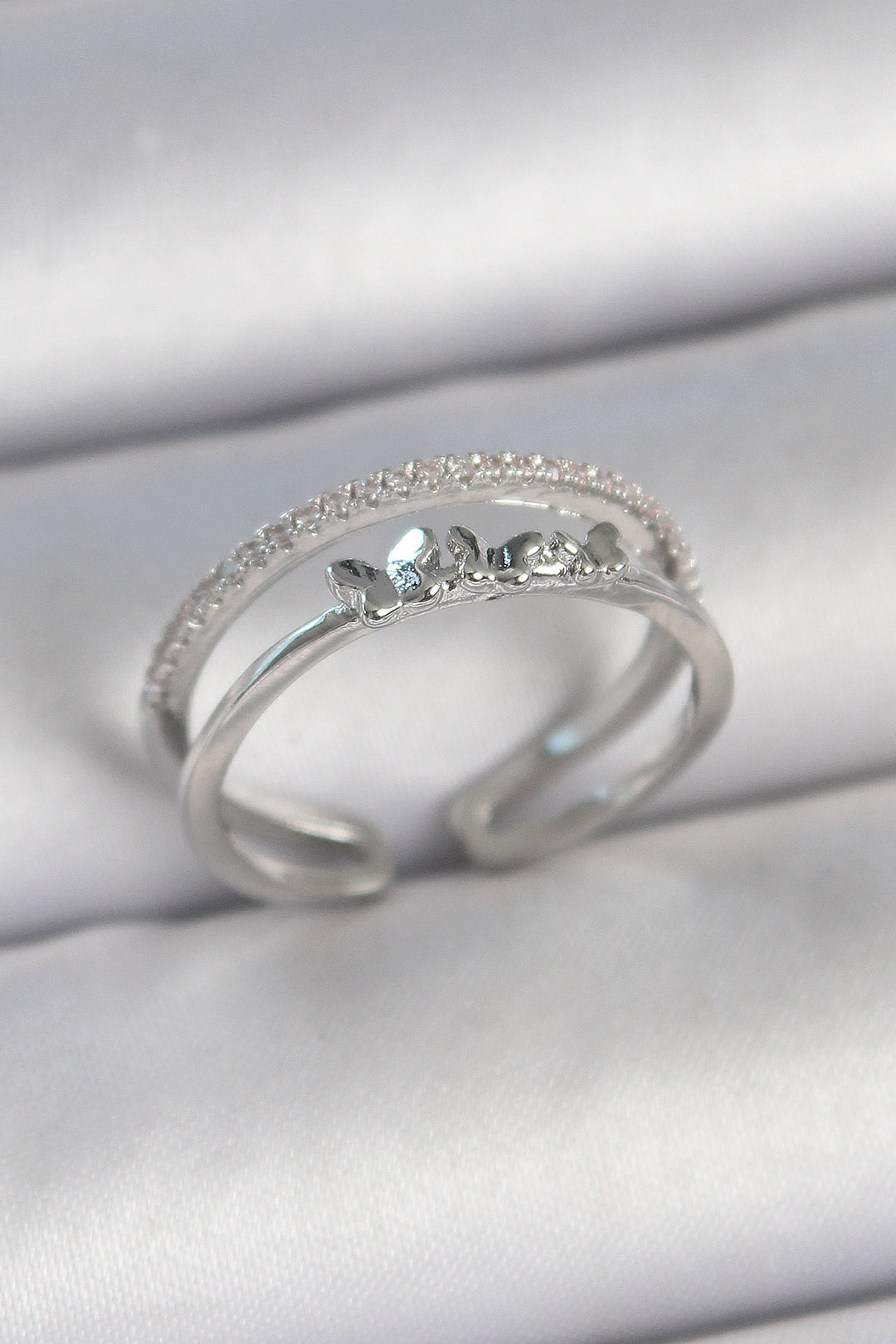 EBJ Rice Silver Color 2-Stone Zircon Detail Butterfly Figure Adjustable Model Women's Ring - Chatham