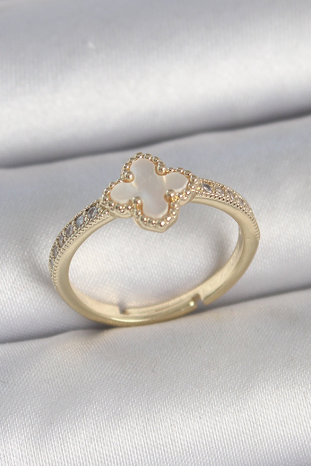 EBJ Adjustable Women's Ring with Clover Design, White Enamel, Gold Color Zircon Stone on Rice - Smyrna