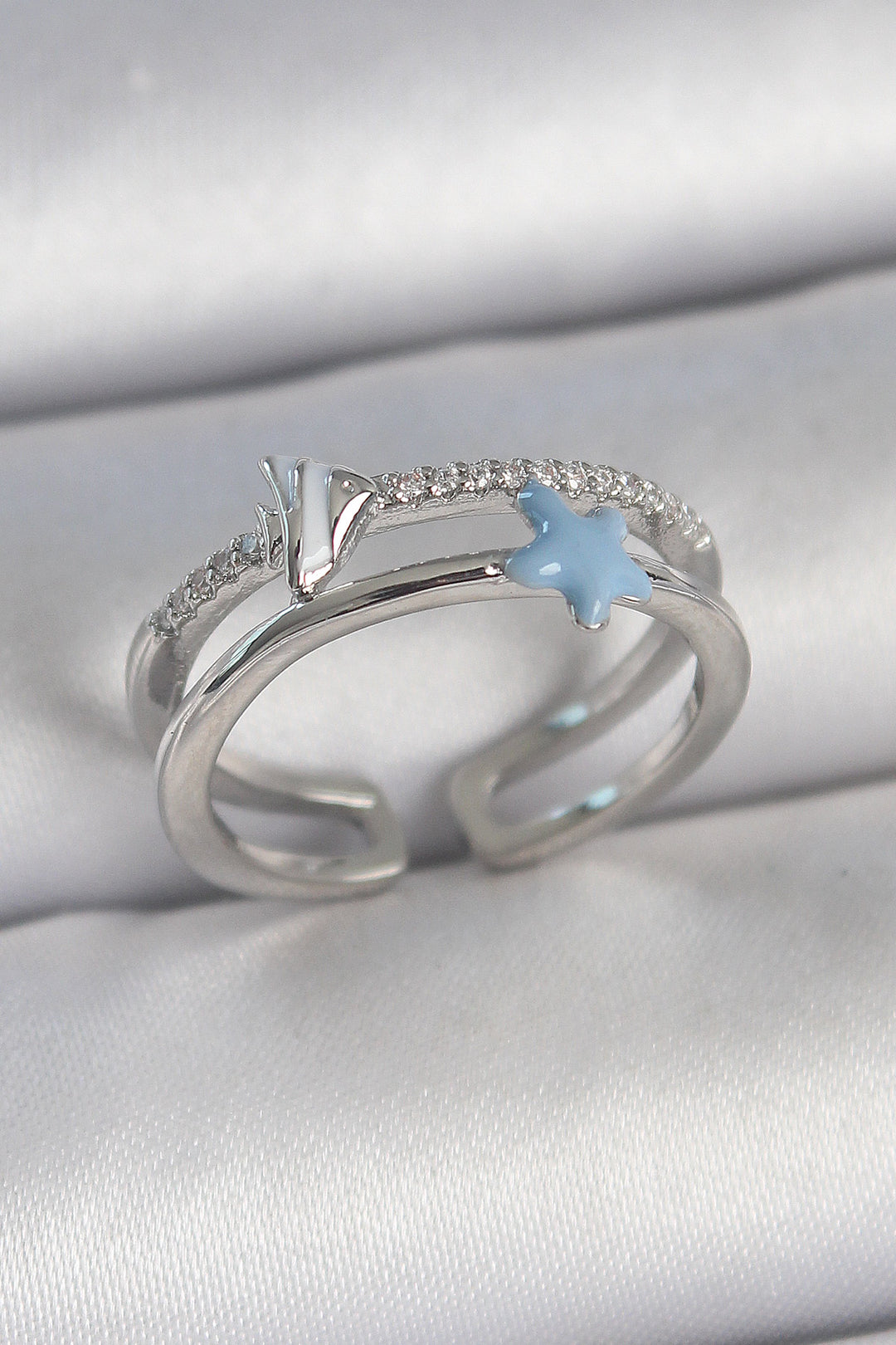 EBJ Adjustable Women's Ring with Rice Silver Color 2-Piece Zircon Stone Blue Star Figure - Lorca