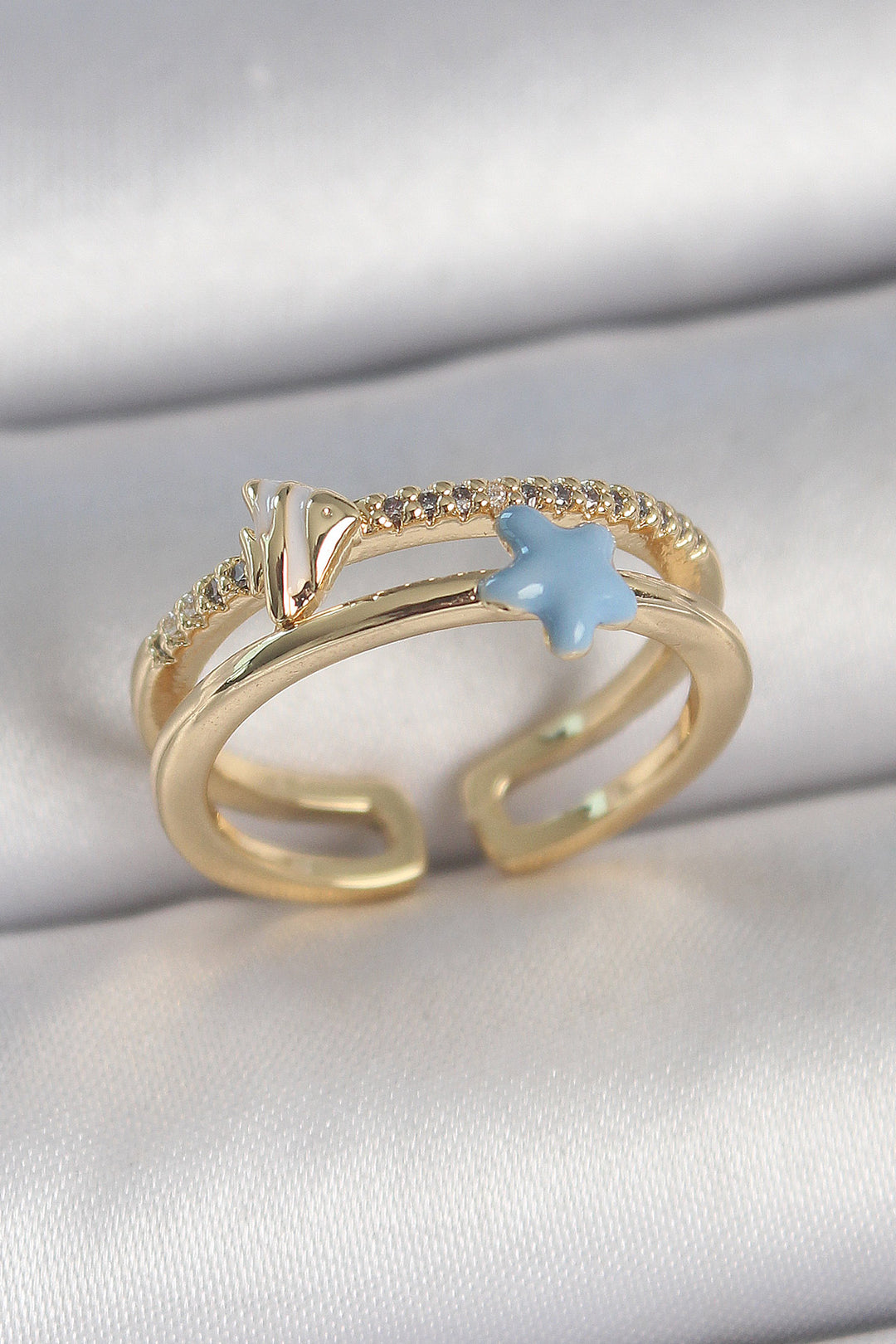 EBJ Adjustable Women's Ring with 2 Zircon Stones in Gold Color with Rice Grain Blue Star Figure - Ciudad de Atlixco