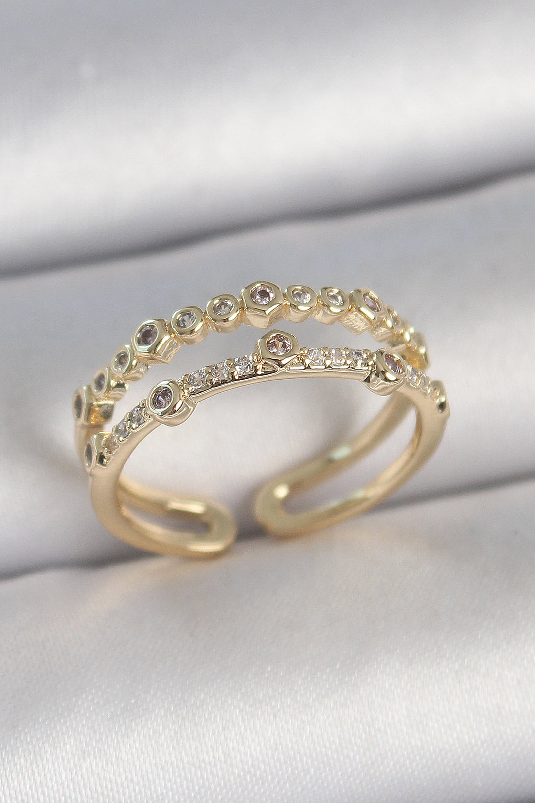 EBJ Adjustable Model Women's Ring with 2 Rows of Zircon Stones in Gold Color - Terre Haute